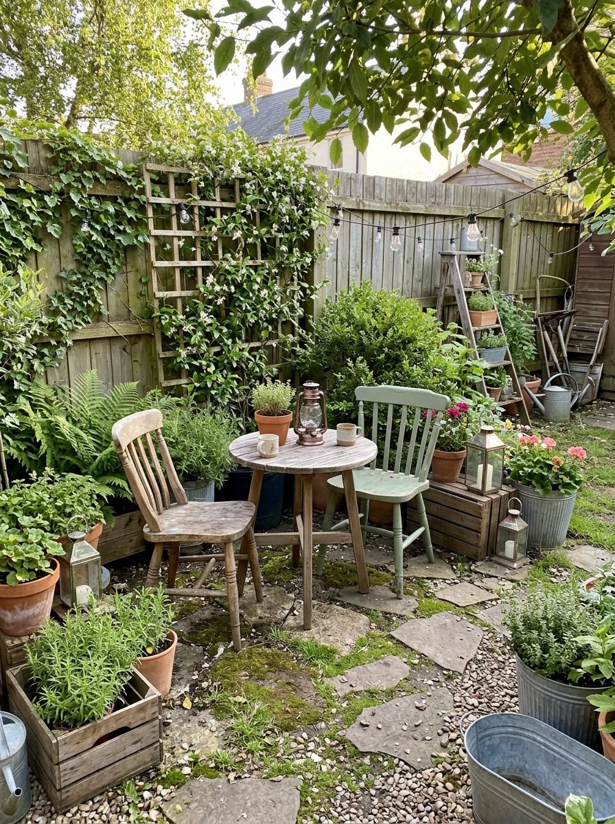 Garden seating nook surrounded by plants