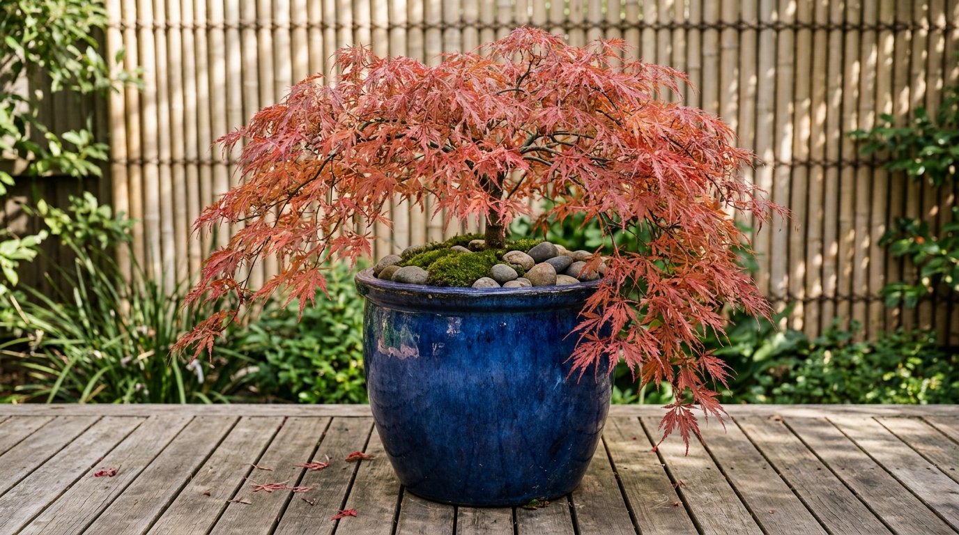 Red Japanese maple in a dark blue glazed ceramic pot
