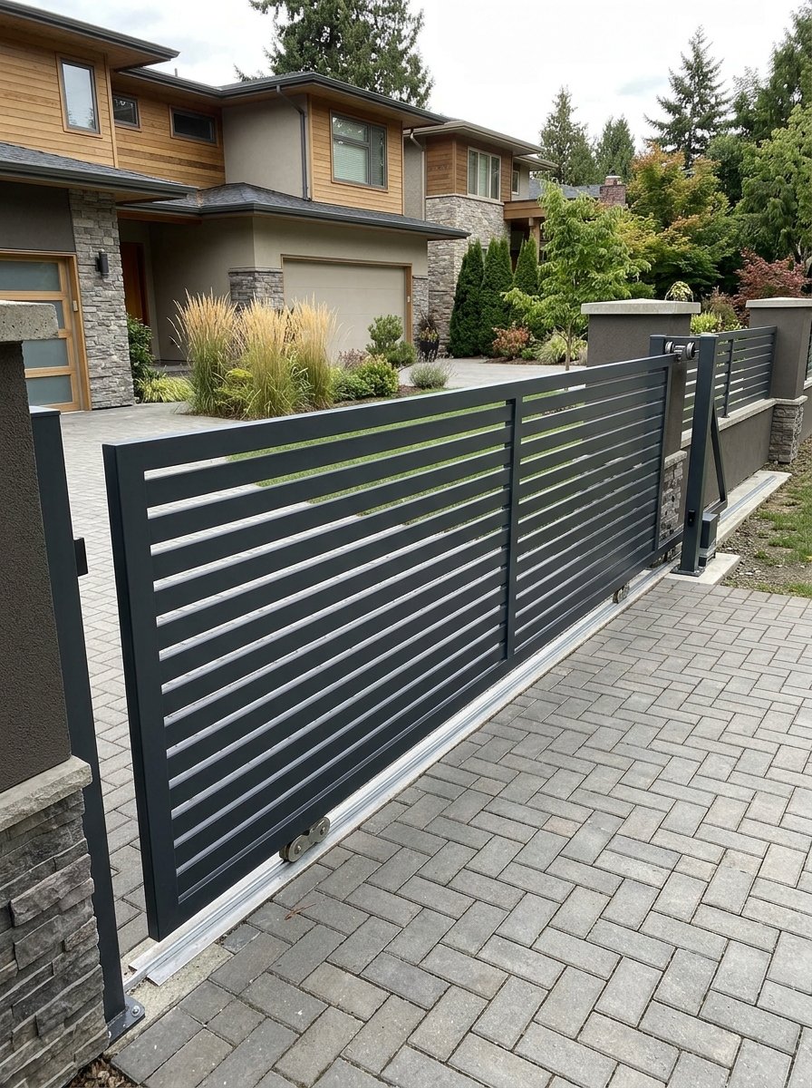 Sliding driveway gate across a driveway