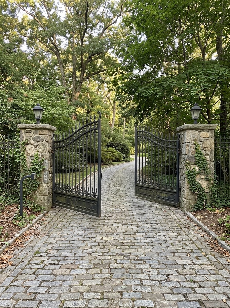 Wide double swing driveway gate