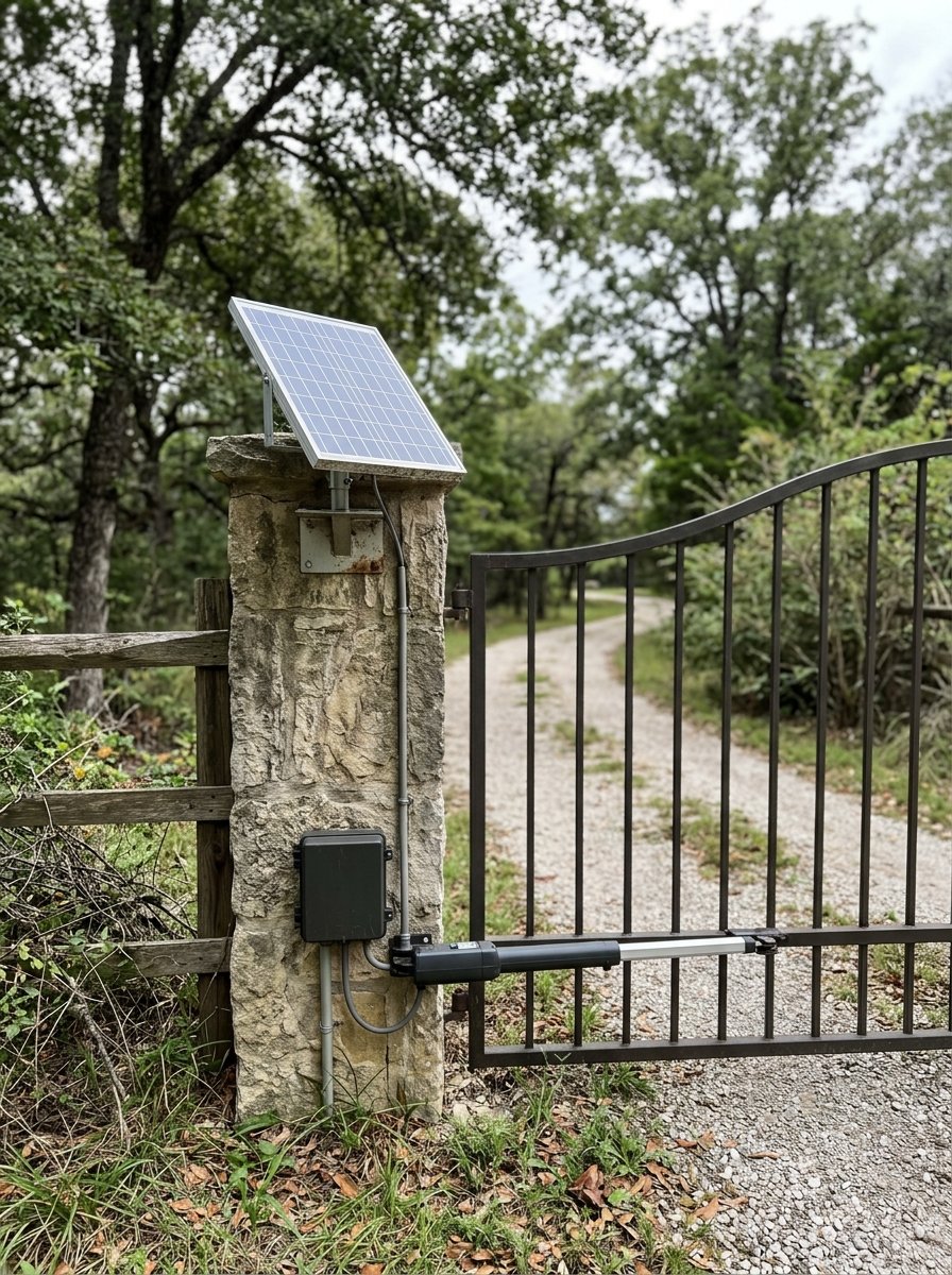 Solar panel powering a driveway gate opener