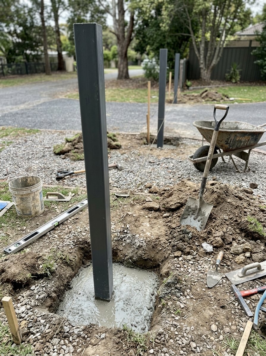 Gate posts set in concrete during installation