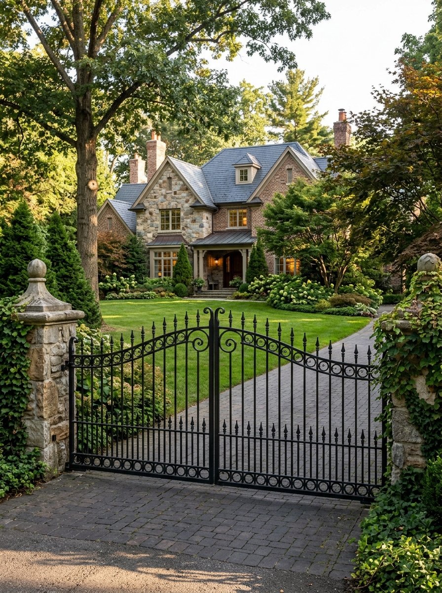 Home with a driveway gate
