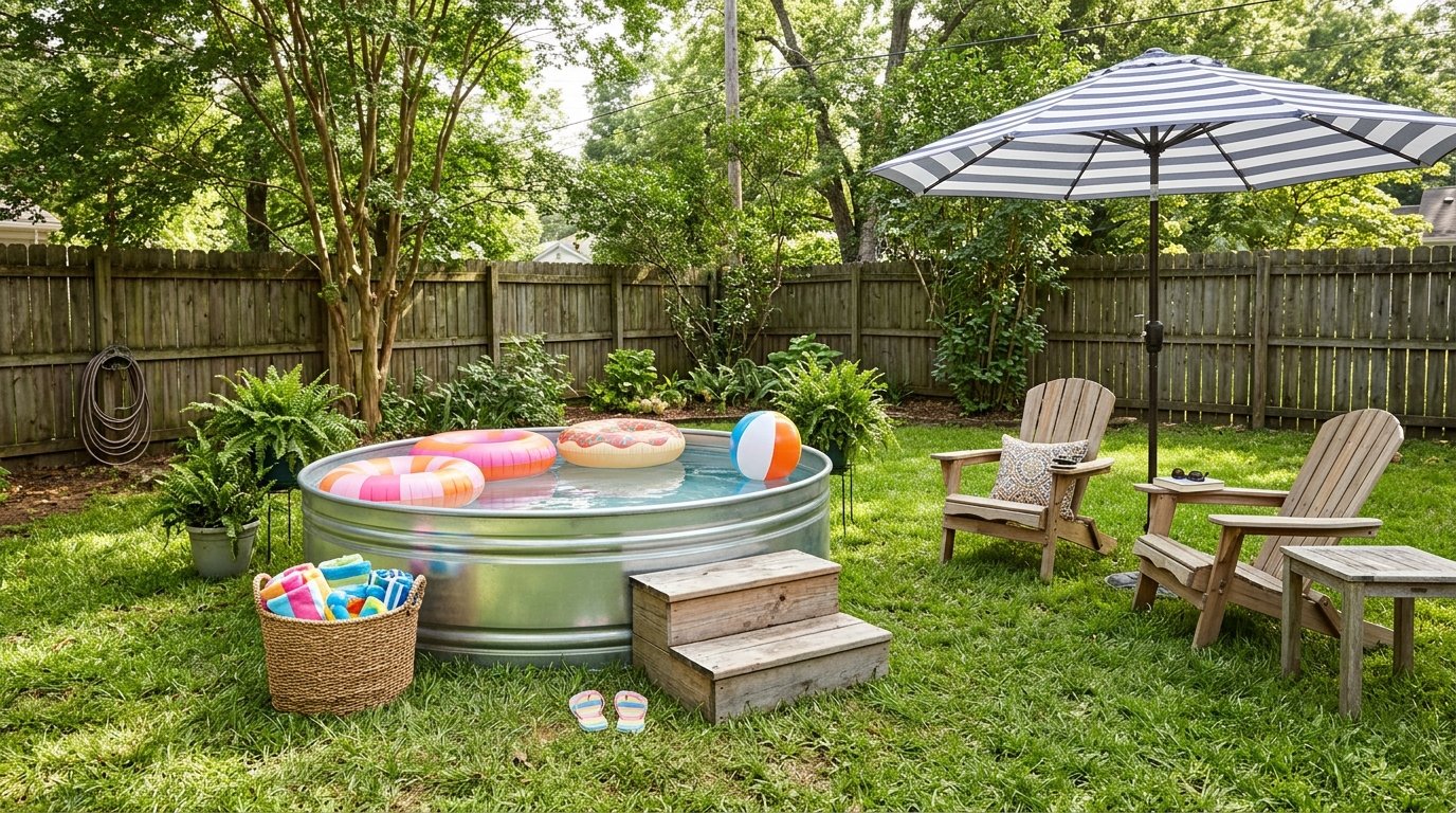 Kid-friendly stock tank pool with colourful floats and toys in a backyard