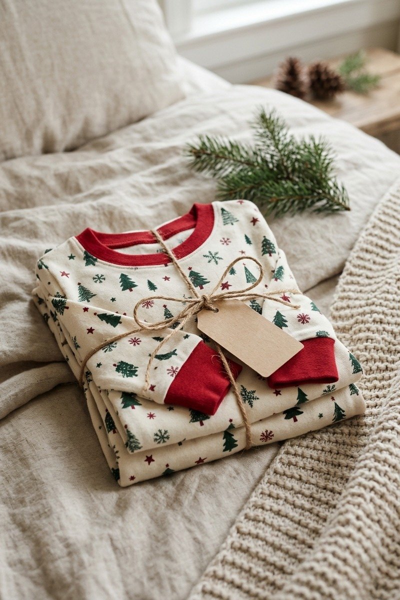 Kids holiday pajamas folded