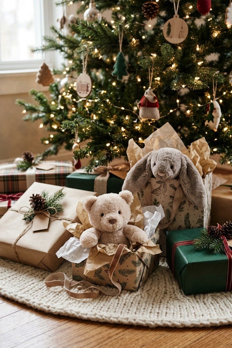 Plush toys wrapped as holiday gifts