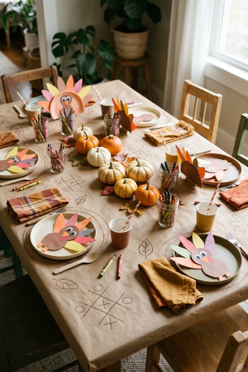 Kids Thanksgiving table with kraft paper and crayons
