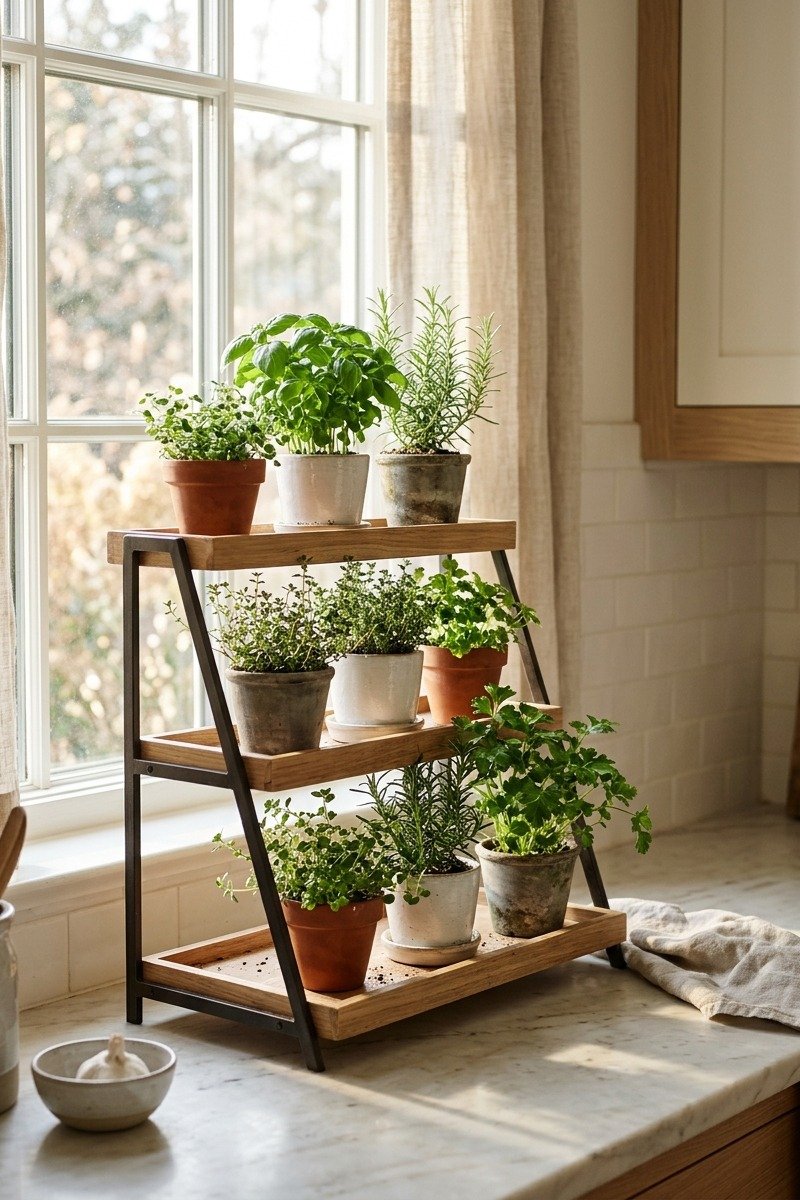 Herb planters on a kitchen counter