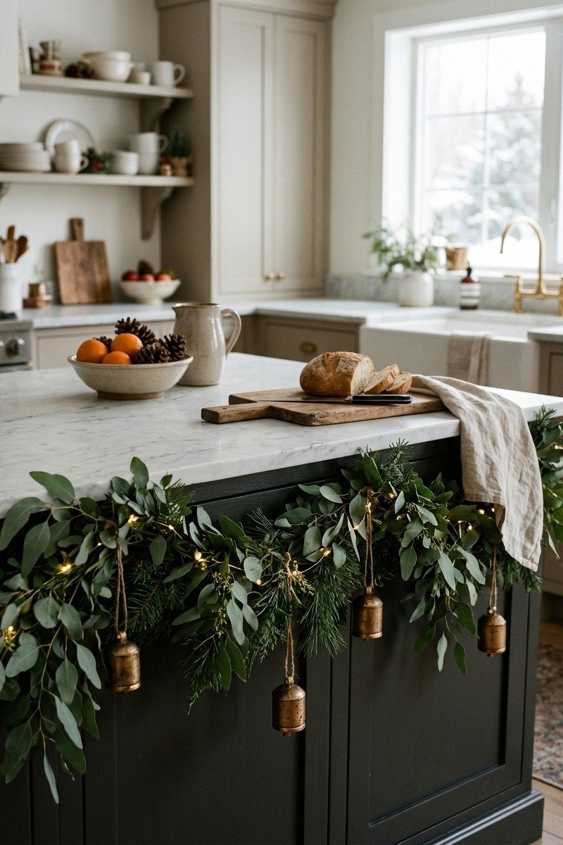 Garland draped along a kitchen island edge