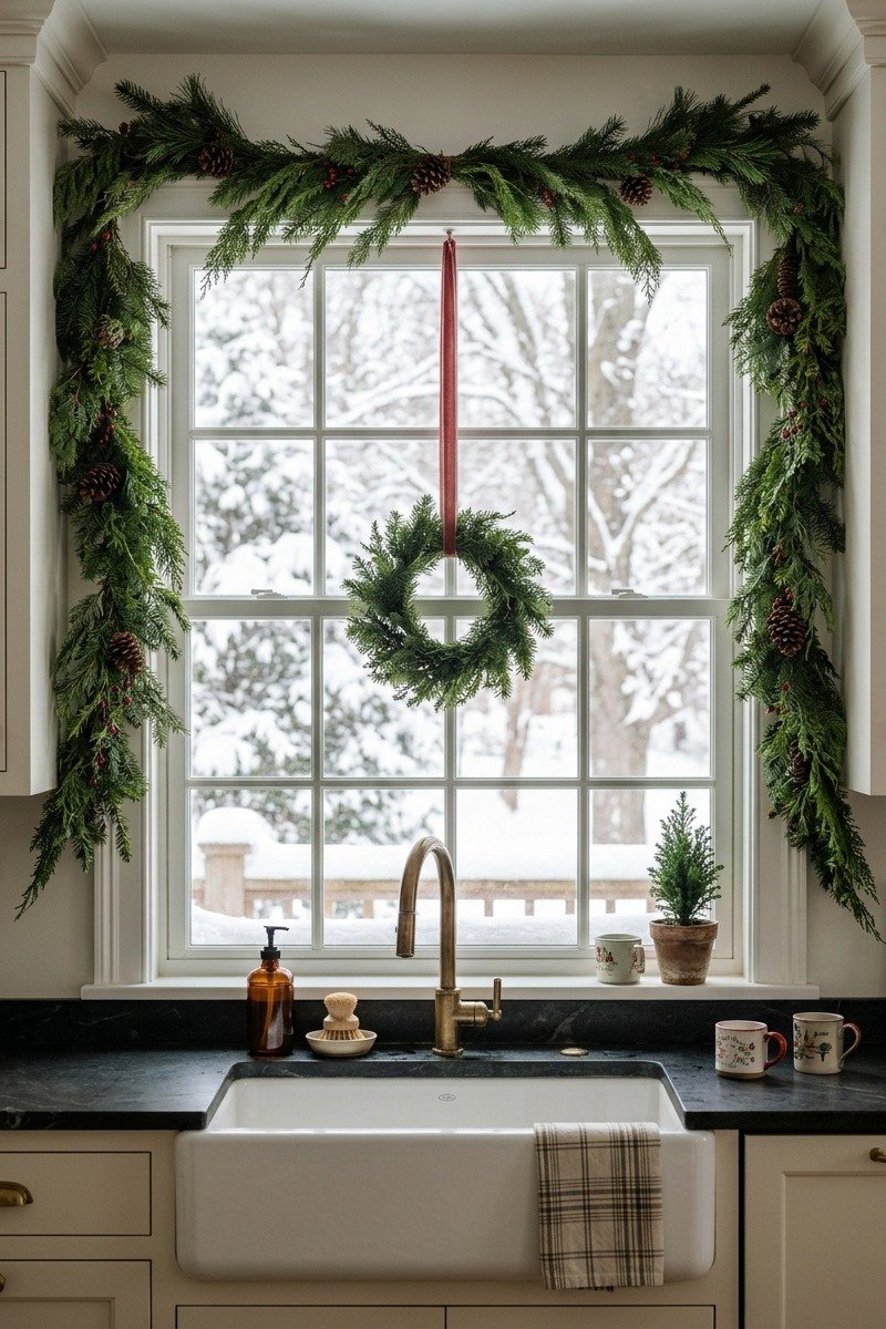 Kitchen window with Christmas greenery swag