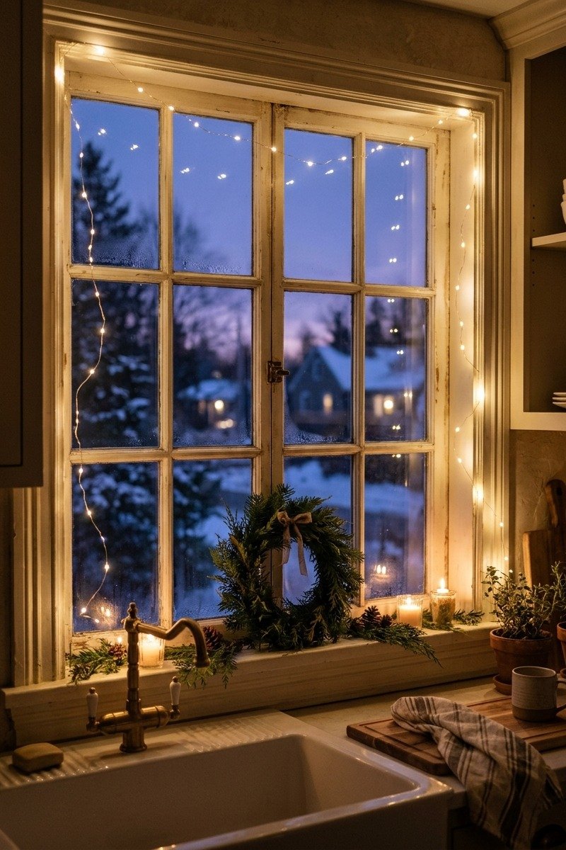 Warm string lights around a kitchen window