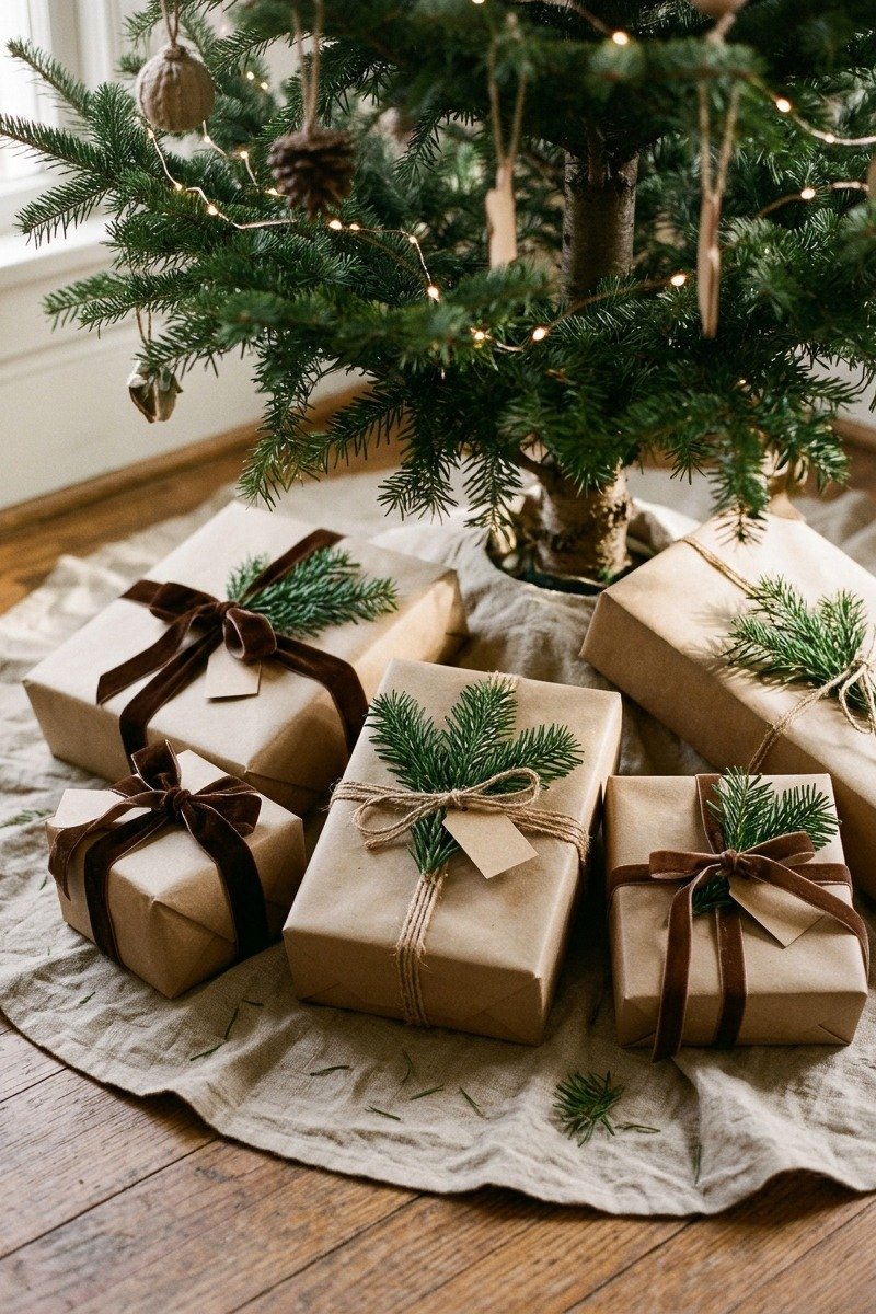Presents wrapped in kraft paper with brown ribbon