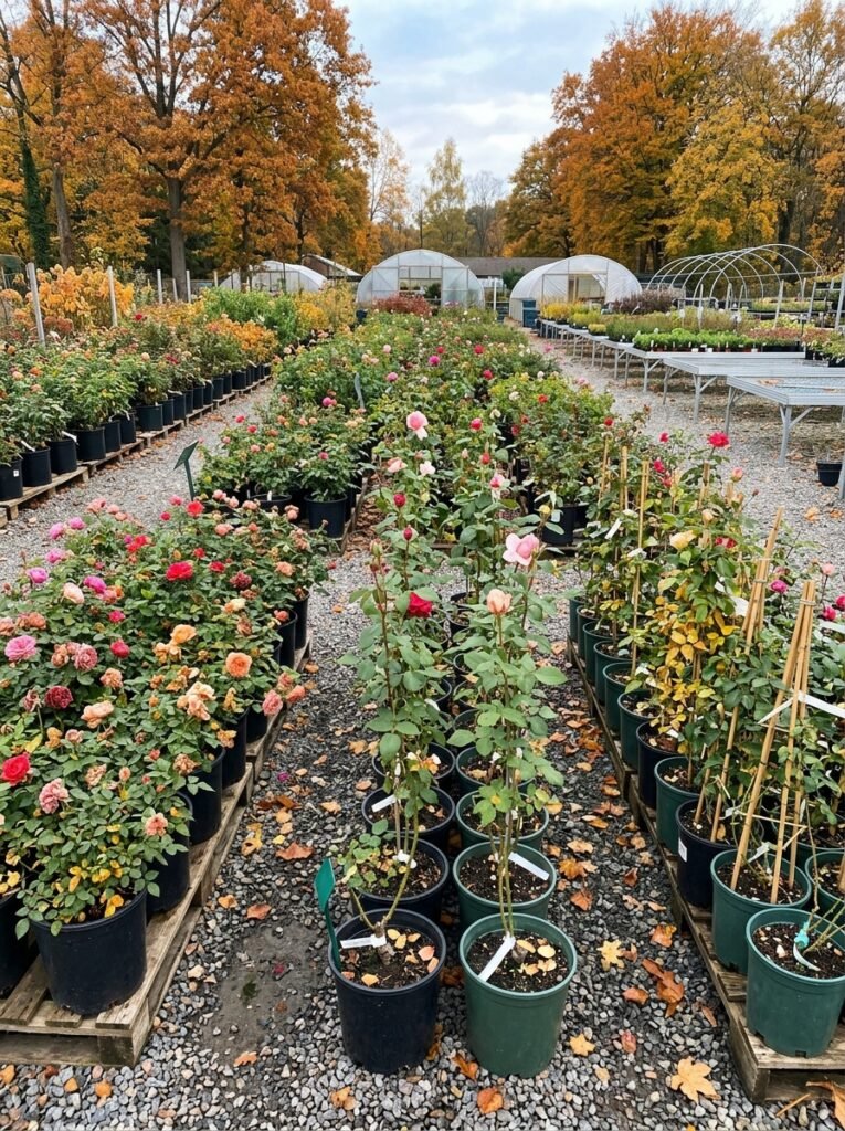 Potted roses at a garden center