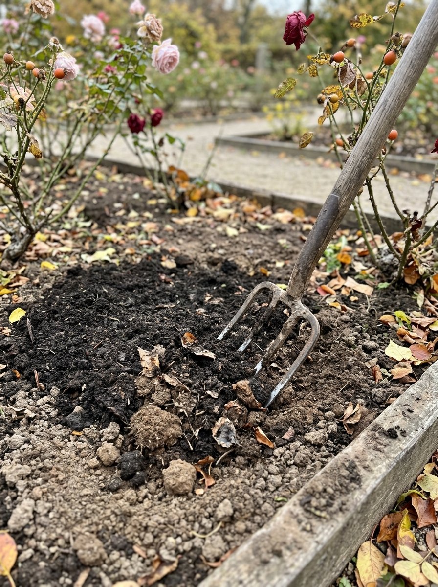 Mixing compost into soil for roses