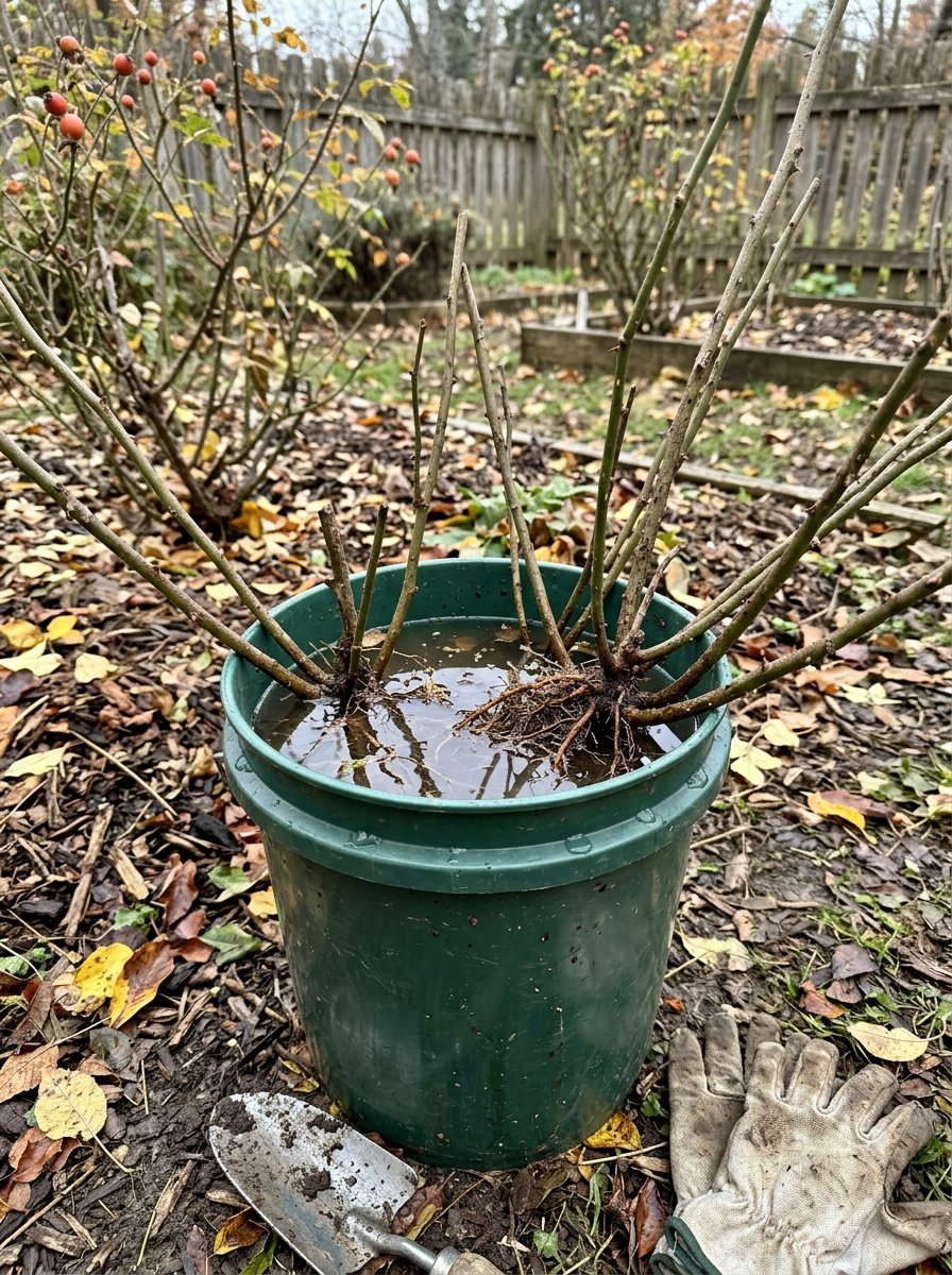 Bare-root roses soaking in a bucket