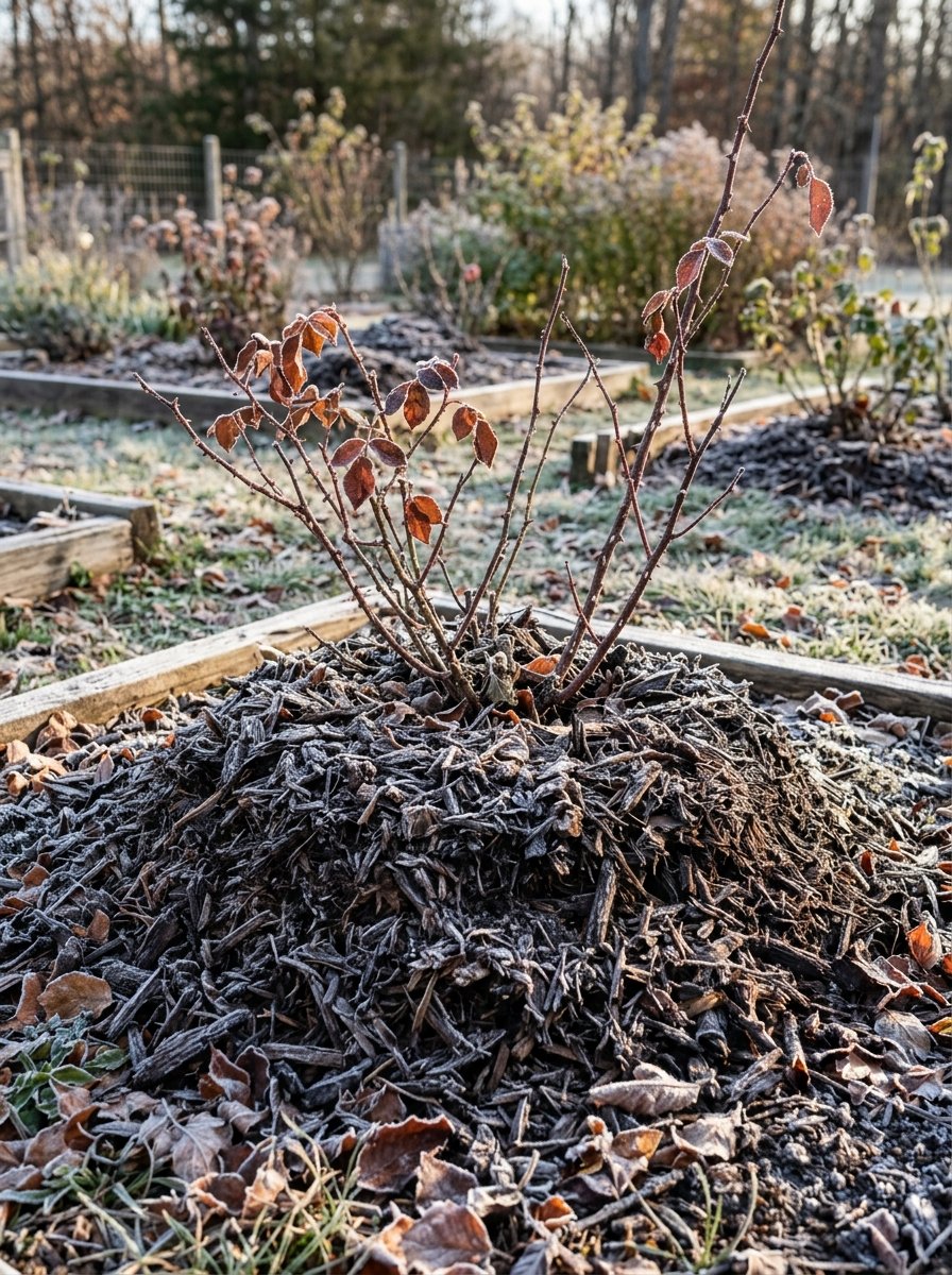 Rose protected with mulch for winter
