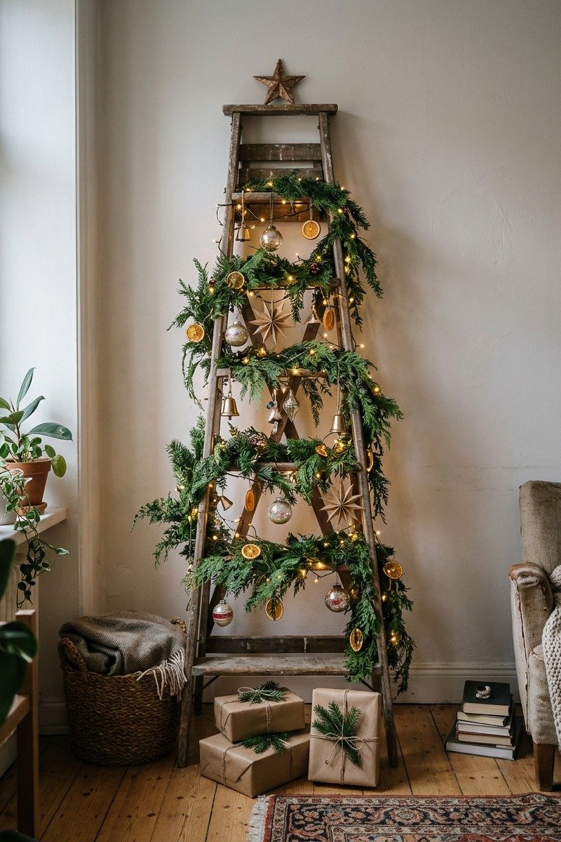 Wooden ladder Christmas tree with lights