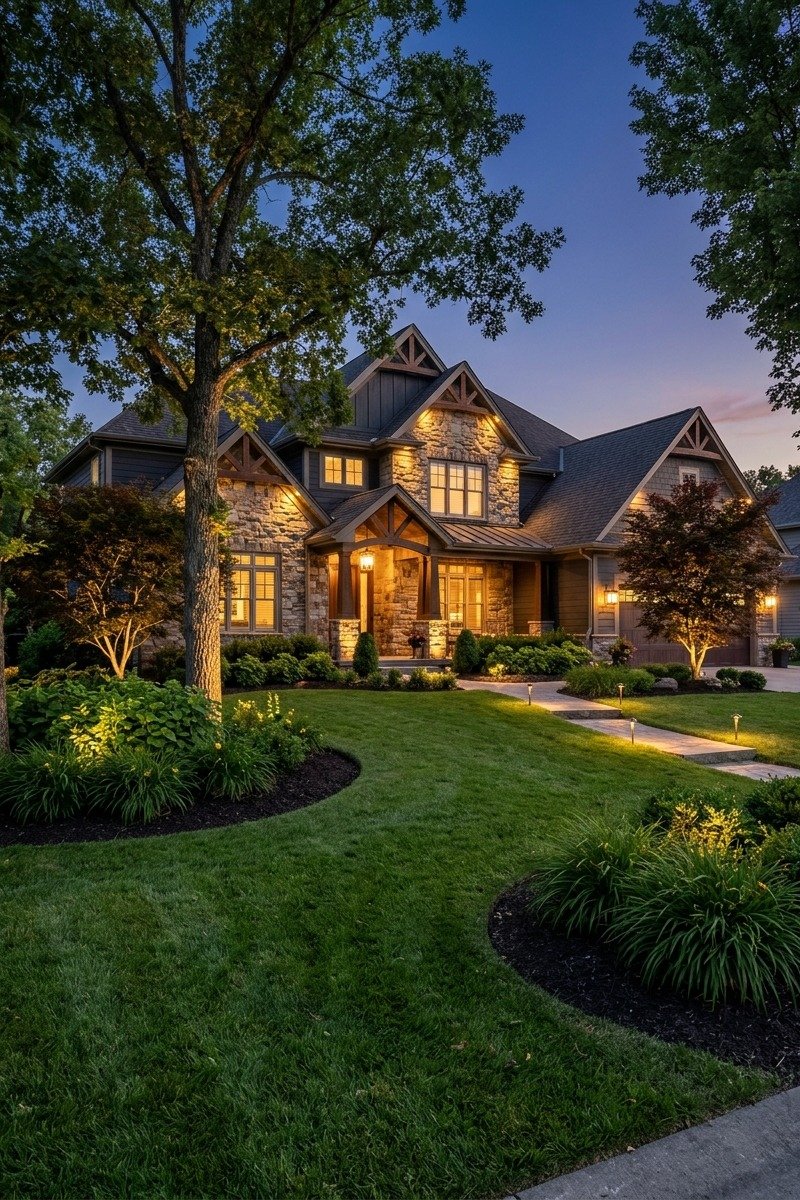 Landscape lighting on a house at dusk