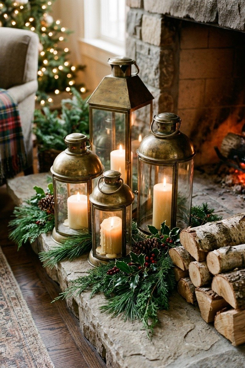 Brass lanterns with candles by a fireplace