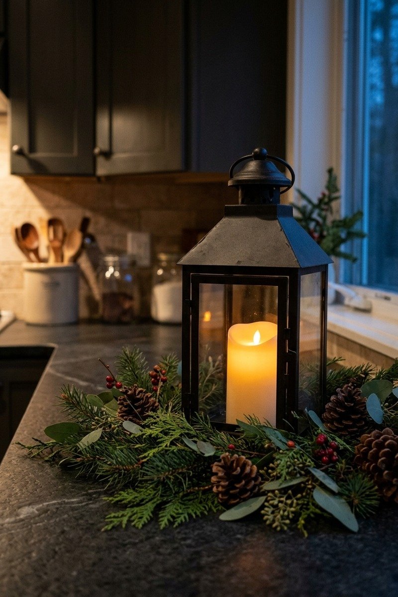 Lantern with candle and greenery on a kitchen counter