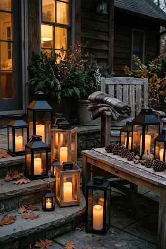 Lanterns with candles on a patio