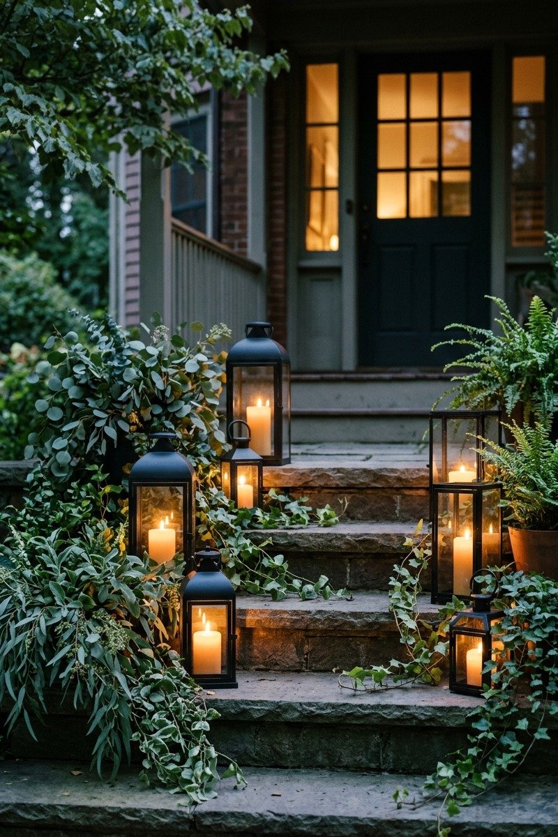 Lanterns on front porch steps