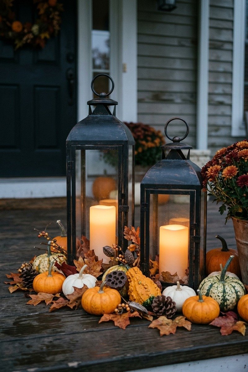Black metal lanterns with candles for Thanksgiving