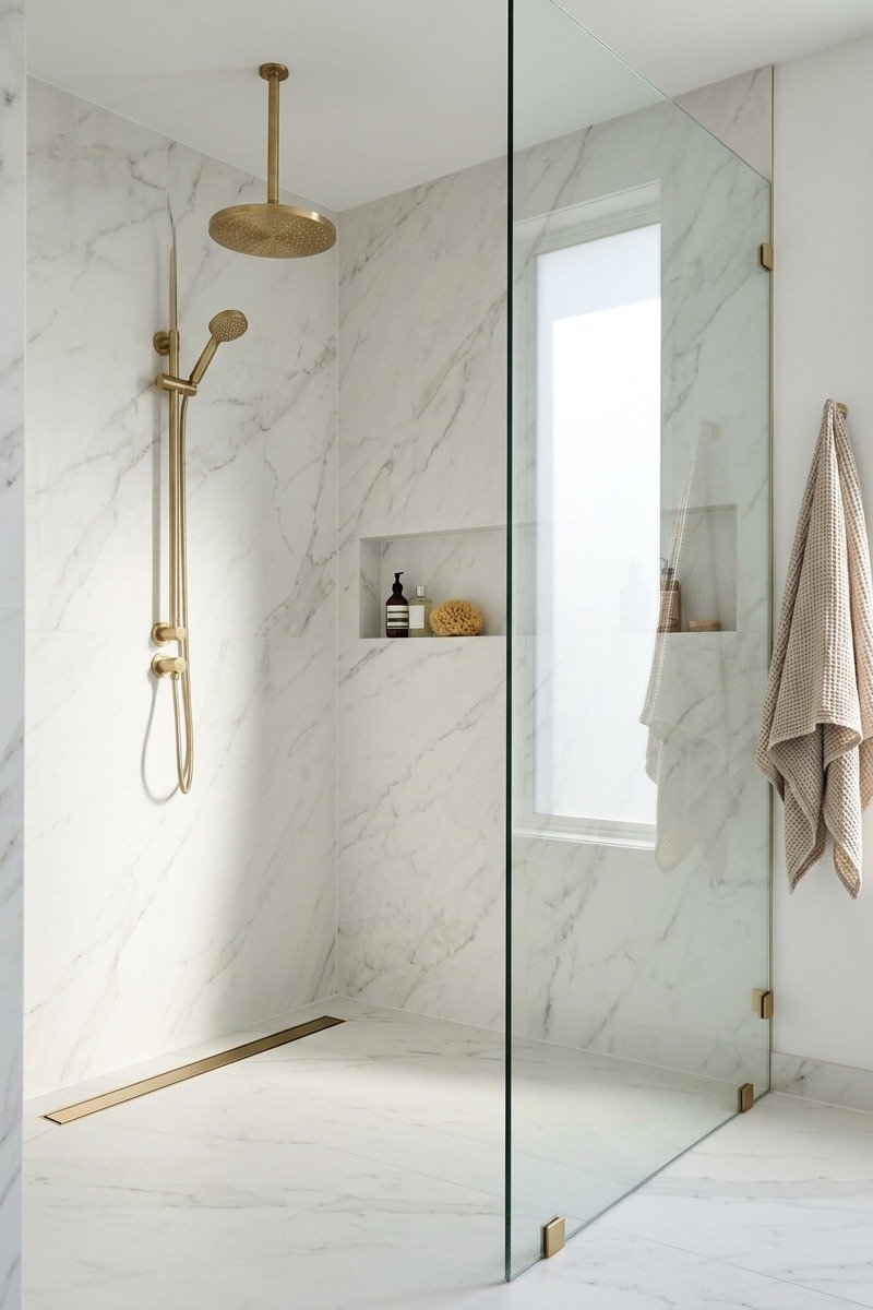 Walk-in shower with large-format marble-look porcelain slabs