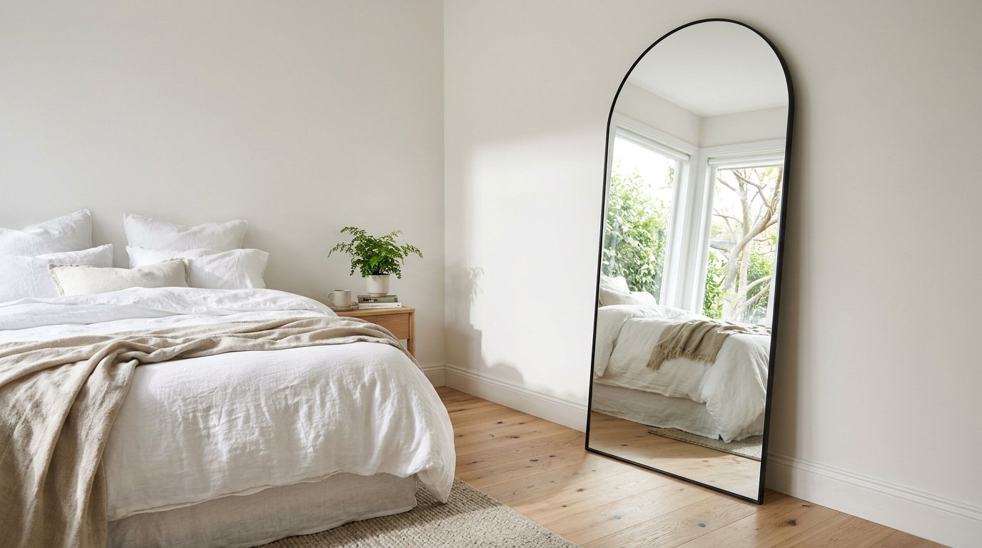 Large floor mirror reflecting window light in a small bedroom