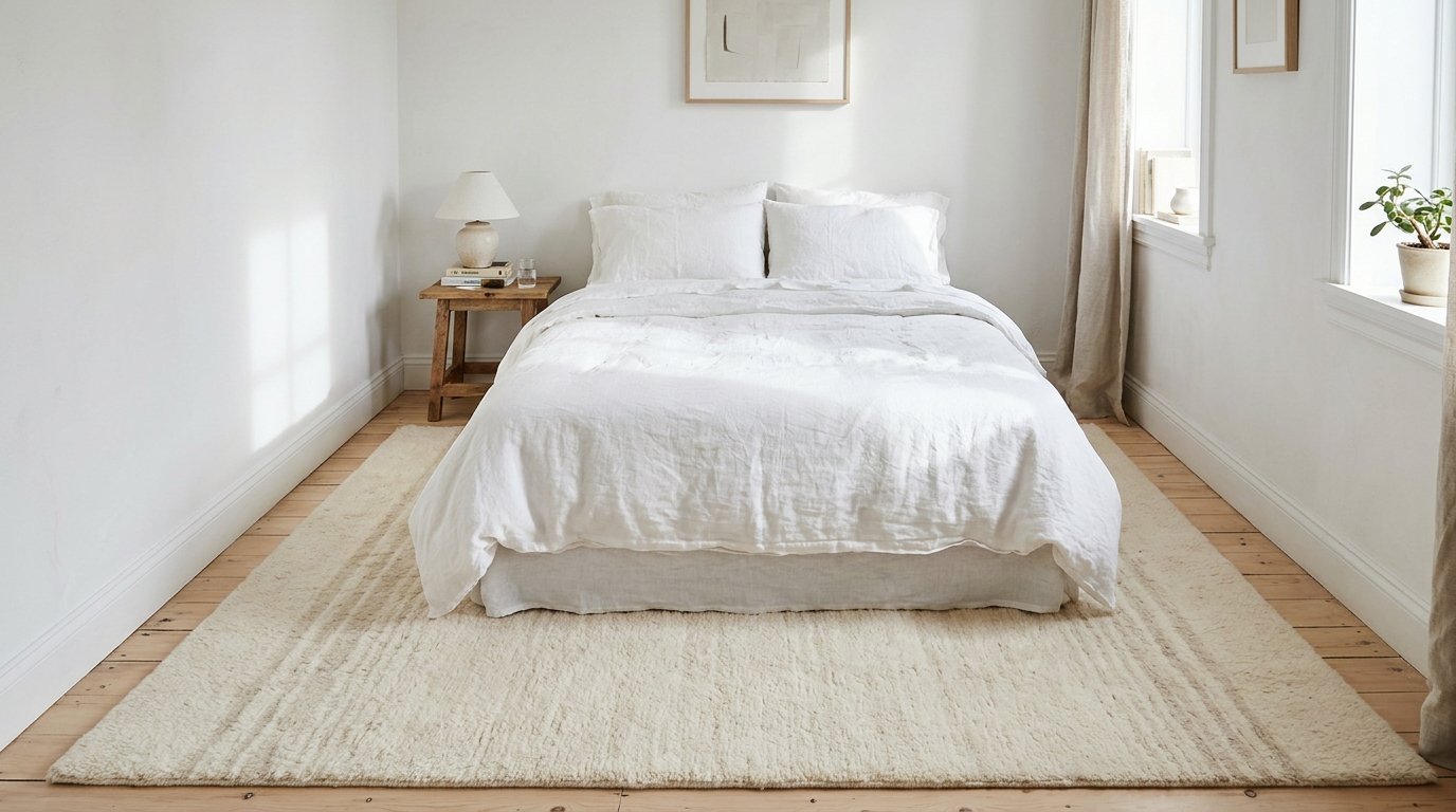 Large light-coloured rug under a bed in a small bedroom