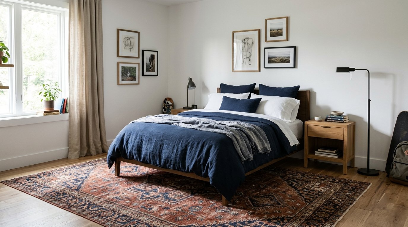 Large patterned area rug under the bed in a cosy older boys bedroom