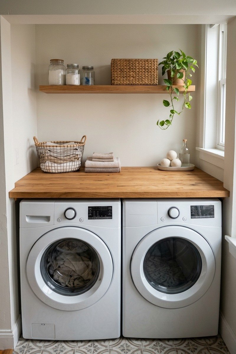 Wood countertop over washer and dryer