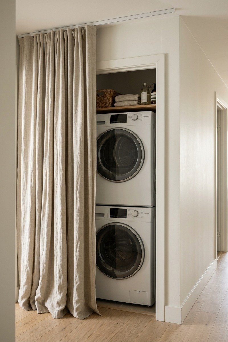 Linen curtain hiding a laundry nook