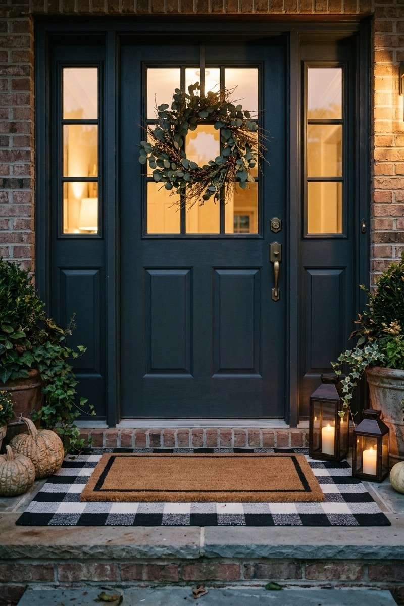 Layered Christmas doormat on a porch