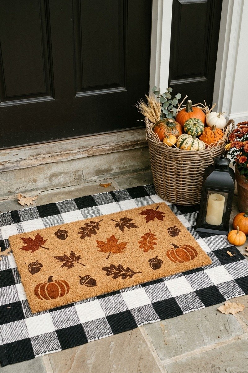 Layered doormat with buffalo check rug at a front door