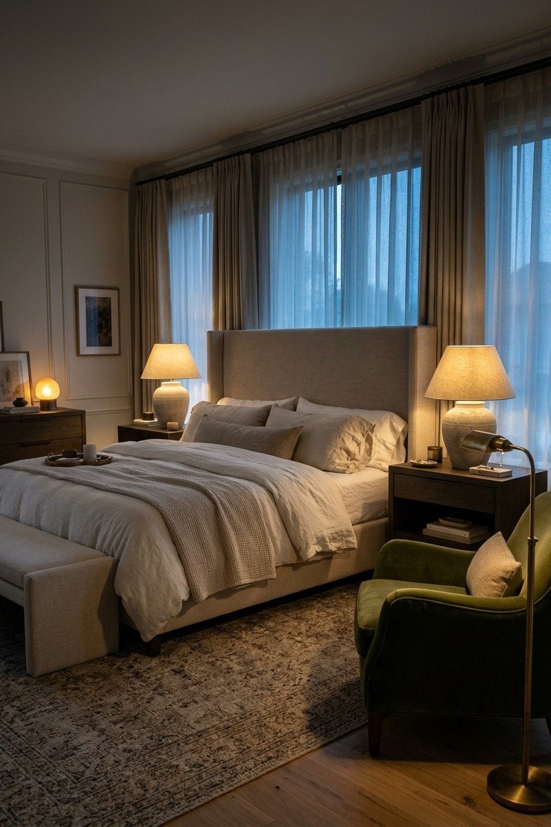 Luxury master bedroom with layered warm lamp lighting at night