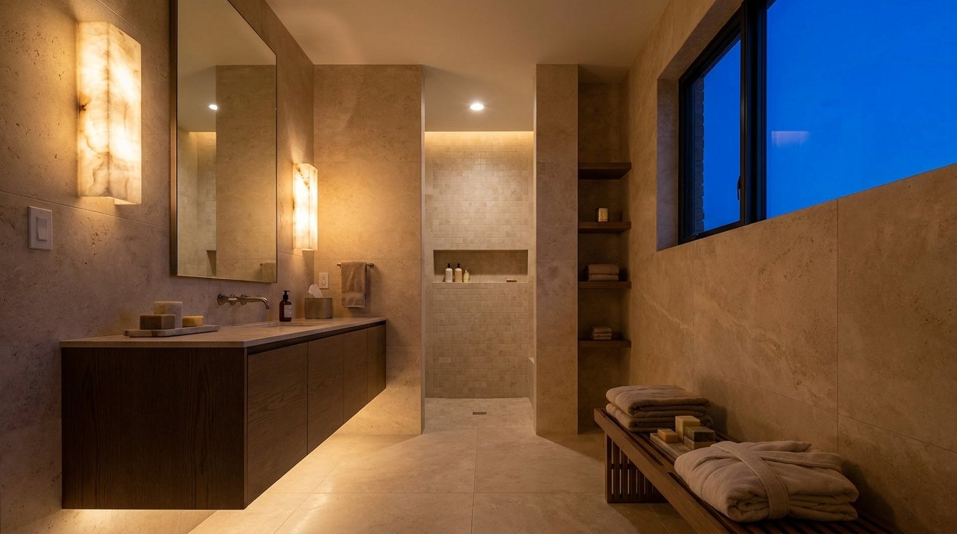 Luxury bathroom at dusk with warm wall sconces, LED strip under floating vanity and dimmed lighting