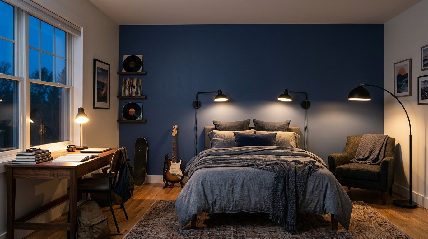 Older boys bedroom with layered lighting from wall sconces, desk lamp and floor lamp