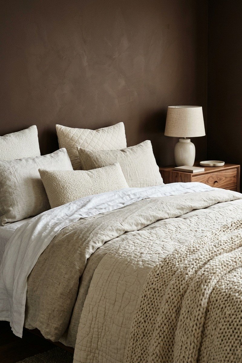 Layered cream and oatmeal bedding against a brown wall