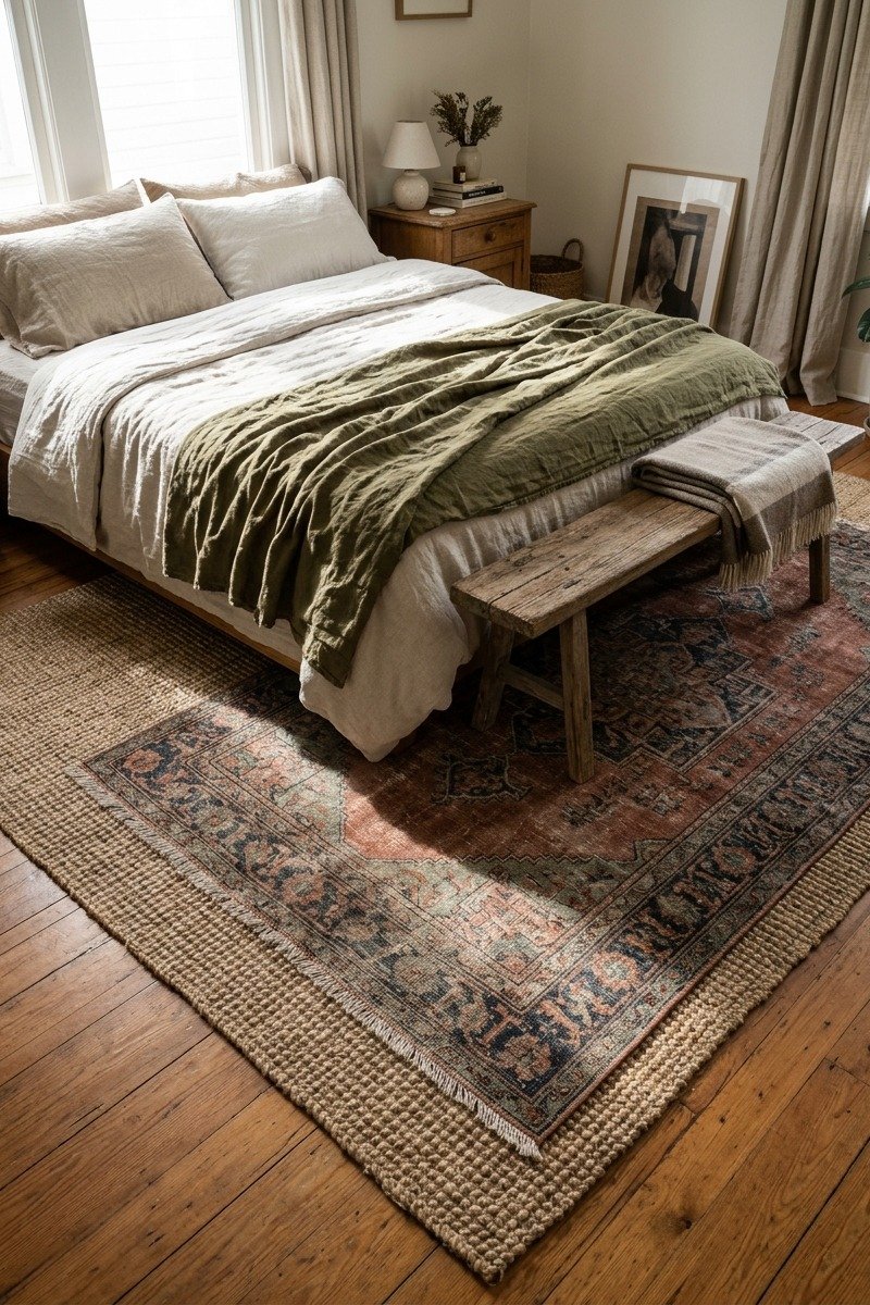 Layered jute and patterned rugs