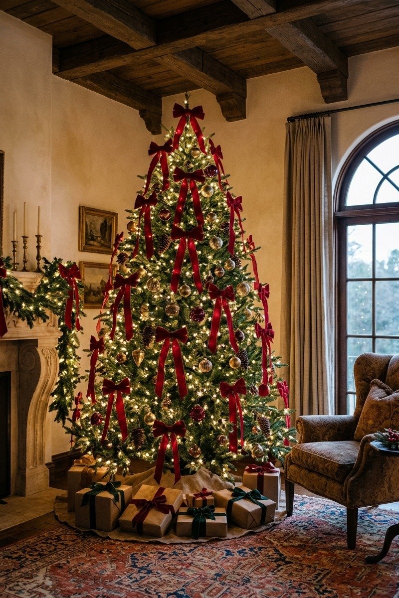 Árbol de Navidad decorado con lazos de terciopelo