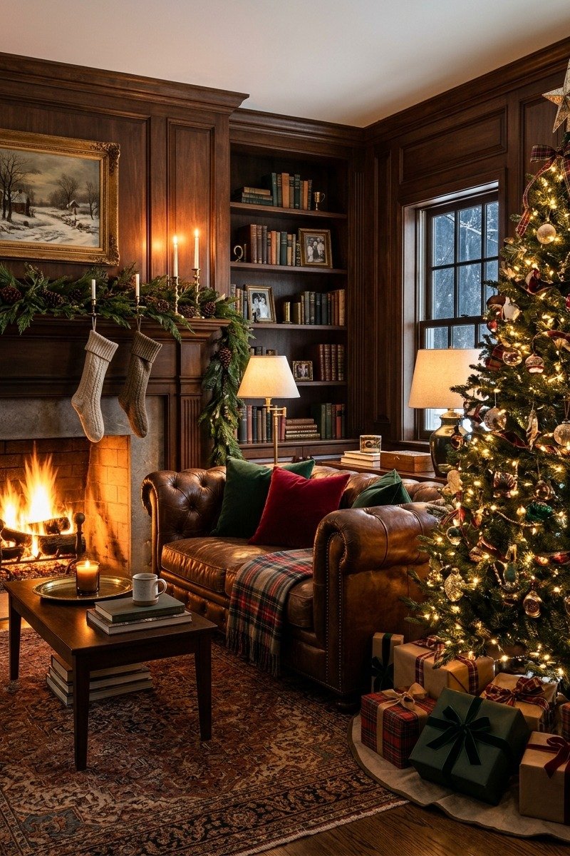 Leather chesterfield and dark wood Christmas den