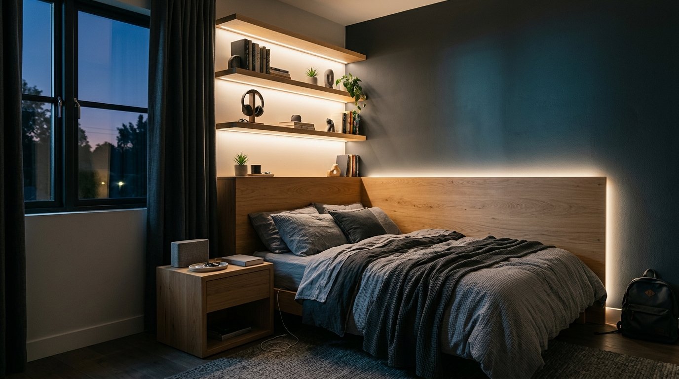 Teen boys bedroom with soft LED backlighting behind the headboard and shelves
