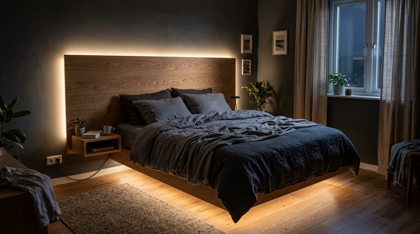 Warm LED strip lighting glowing behind a headboard in a small bedroom