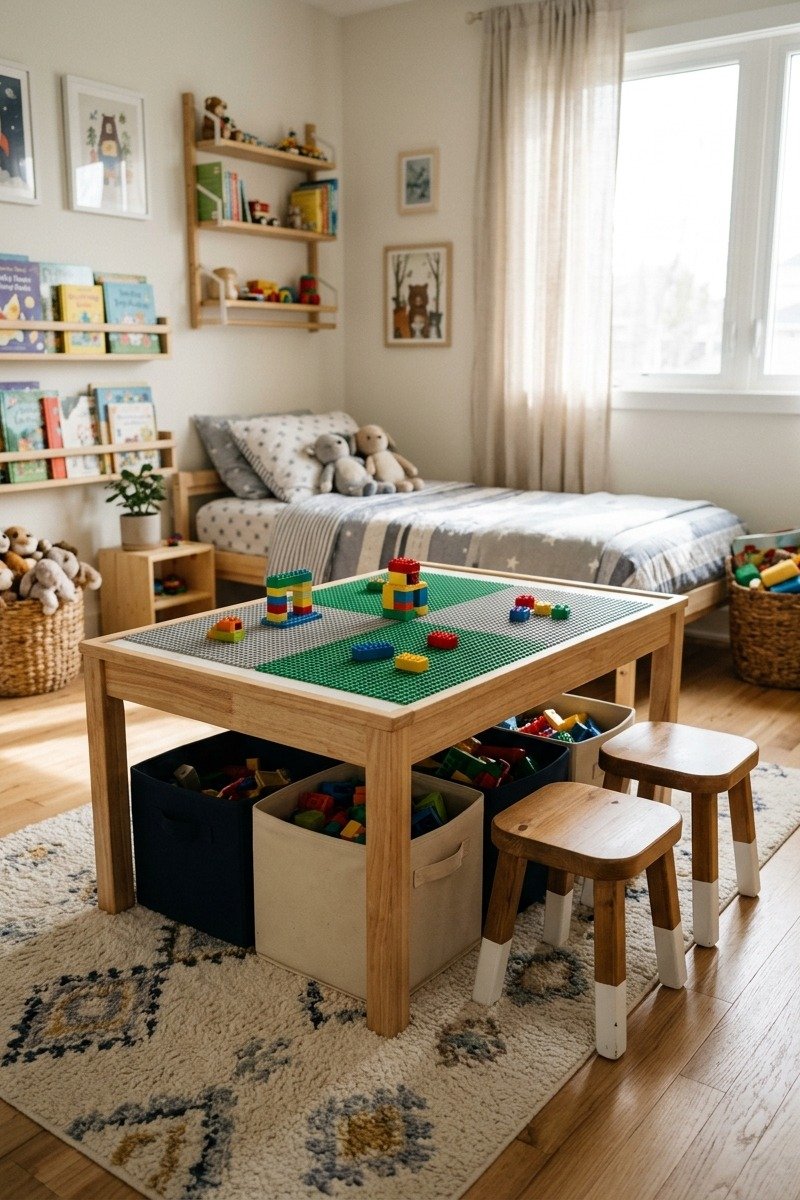 Building block play table with storage in a boys room