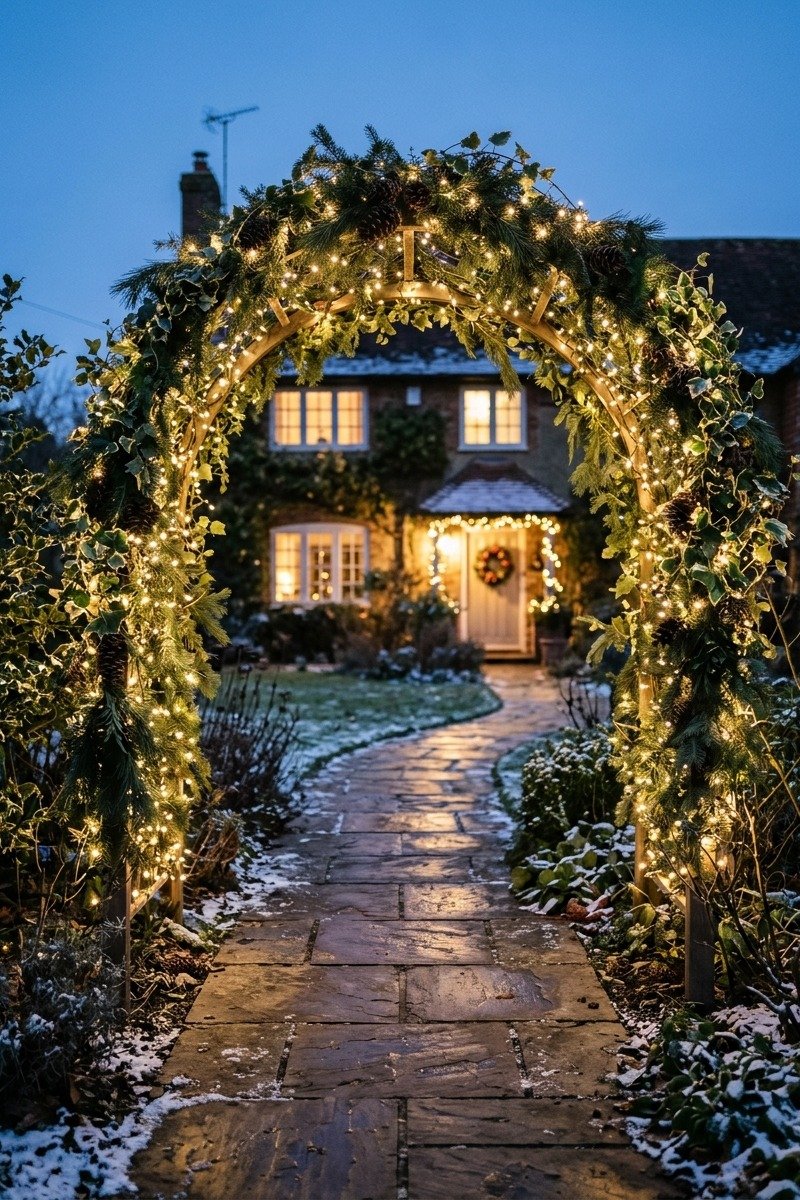 Lighted archway over a garden path