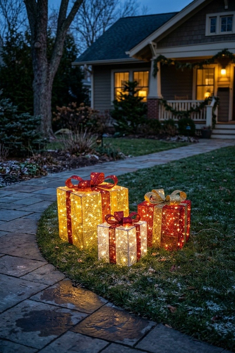 Lighted gift boxes on the lawn