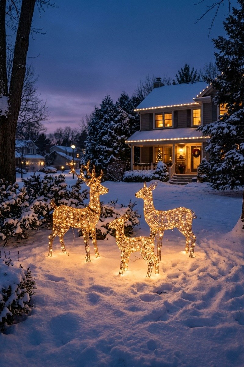 Lighted reindeer in a front yard