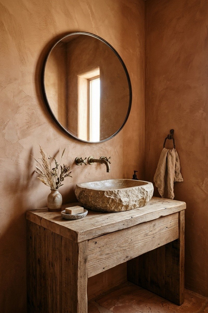 Bathroom with limewashed clay colored walls
