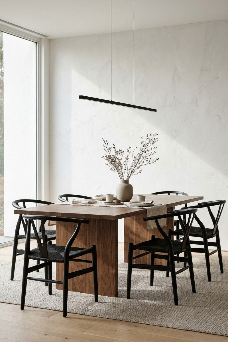 Modern linear pendant light over a long dining table